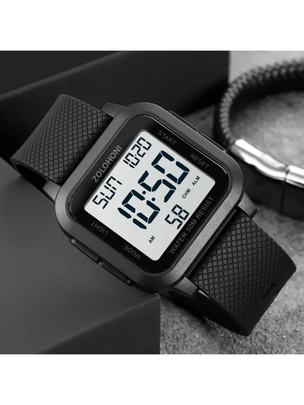 Men's Black White Analog Quartz Stainless Steel Waterproof Square Digital Watch